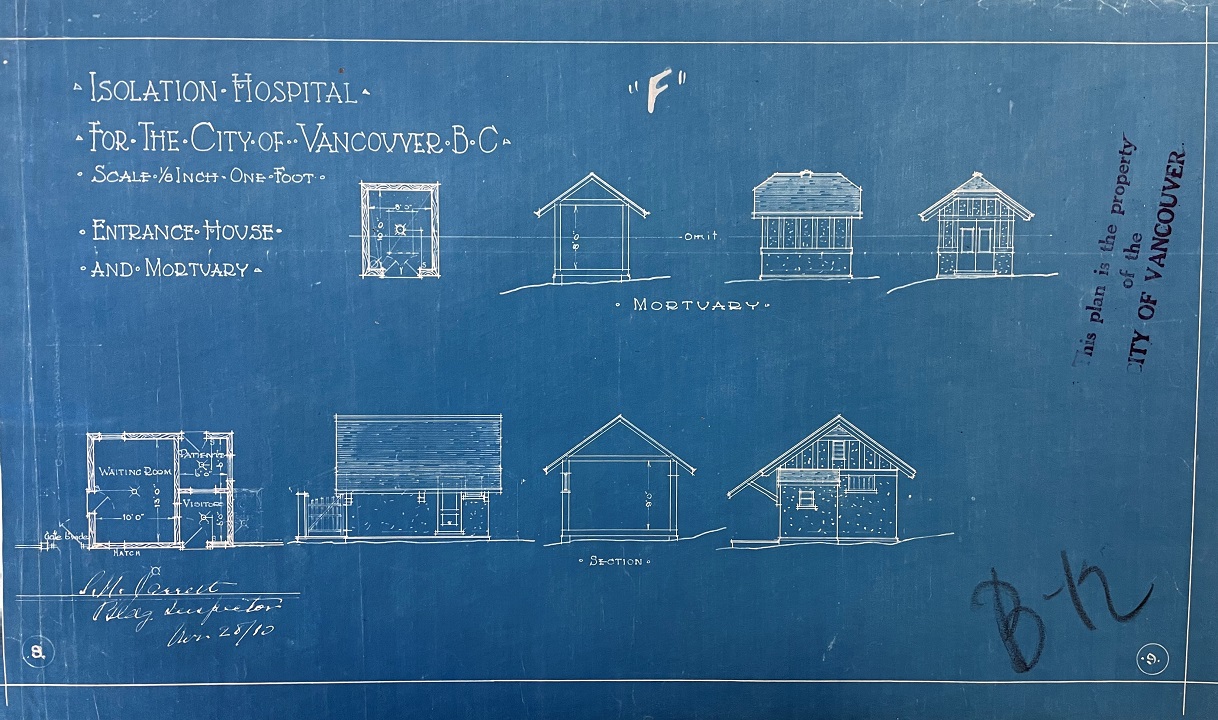 Architectural drawings of the entrance house and mortuary of the isolation hospital, 1910
