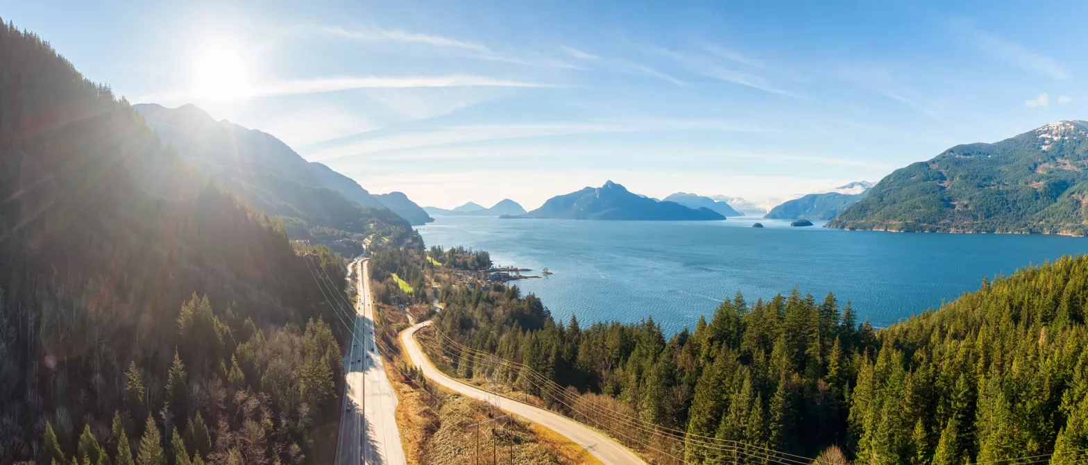 BC skyline, highway, overlooking water, sunny day
