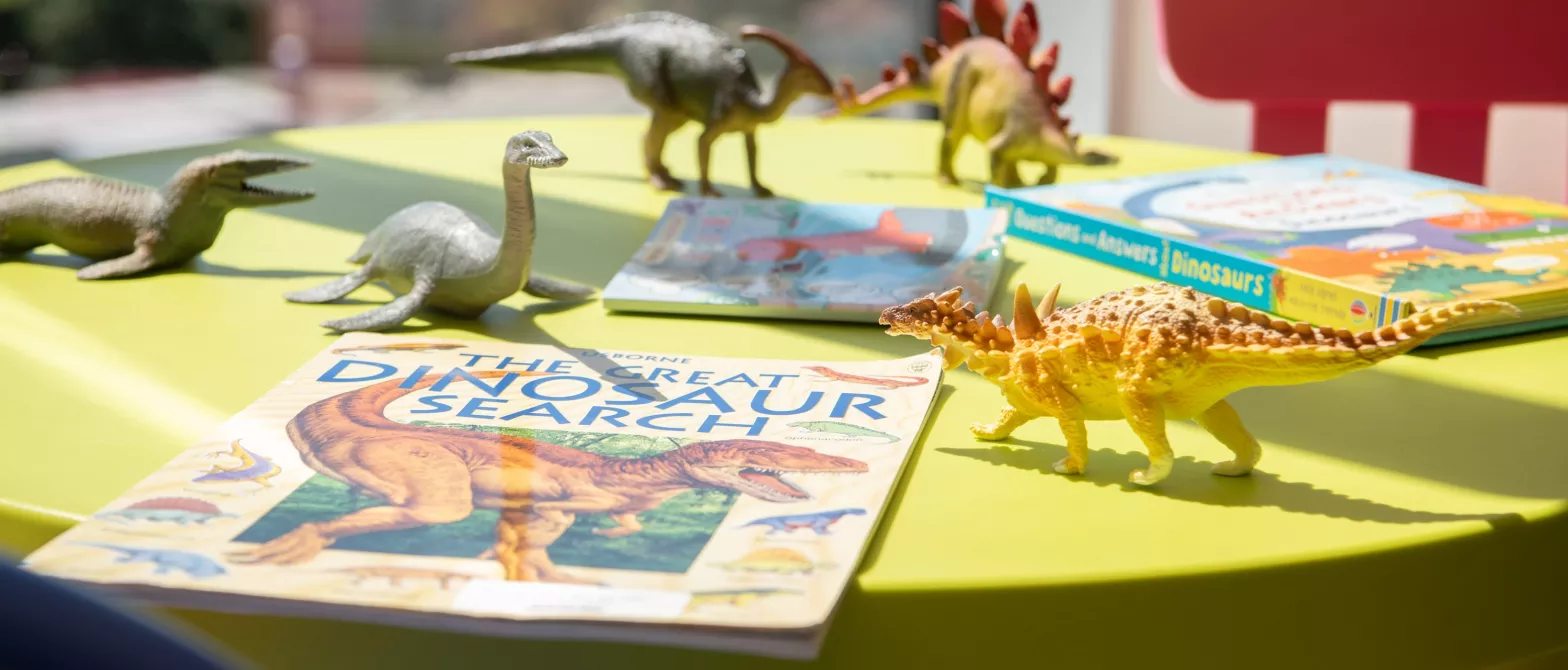 Children's dinosaur books placed on a colourful table