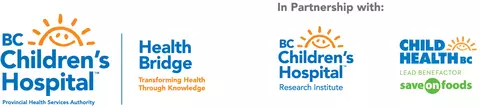 Logos for BC Children's Hospital, Health Bridge, BC Children's Hospital Research Institute and Child Health BC